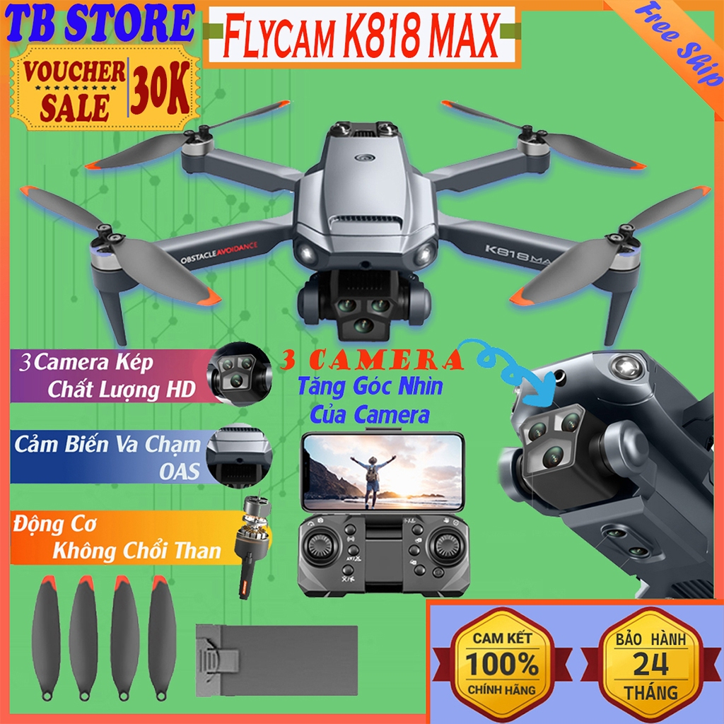 Flycam Mini K818: Động cơ không chổi than và 3 camera quay phim chụp ảnh Flycam Mini K818